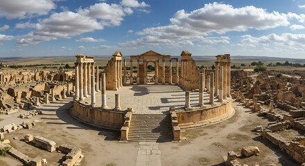 Ancient ruins amphitheater under a clear sky in a panoramic outdoor shot
