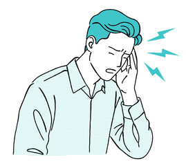 頭痛で苦しむ男性の線画イラスト,偏頭痛,体の不調,ビジネス