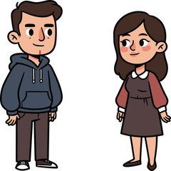 Cute Cartoon Couple Standing Together, Friendly Young Man and Woman Illustrations for Social Media, Website, and Advertising Use