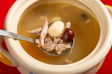 angle view pork tripe and pork rib soup