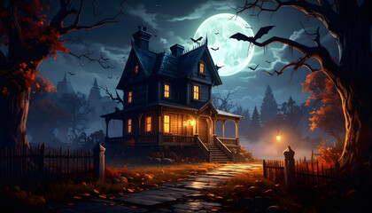 An old haunted house sits under a huge, bright full moon on a dark Halloween night, features a stone path, glowing windows, twisted bare trees, a graveyard, and pumpkins for spooky holiday atmosphere.