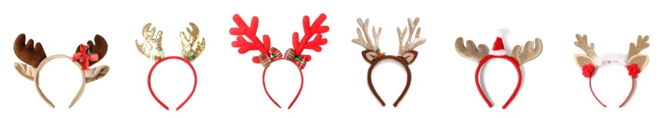 Collage of Christmas reindeer horns on white background © Pixel-Shot