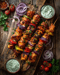 Grilled Chicken Kebabs with Vegetables and Sauce on Rustic Wooden Board
