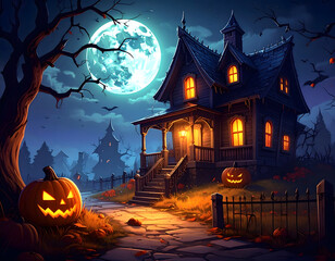An old haunted house sits under a huge, bright full moon on a dark Halloween night, features a stone path, glowing windows, twisted bare trees, a graveyard, and pumpkins for spooky holiday atmosphere.