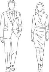 Minimalist Line Drawing of Man in Suit and Woman in Skirt for Professional Fashion, Apparel Design, and Vector Illustration Projects