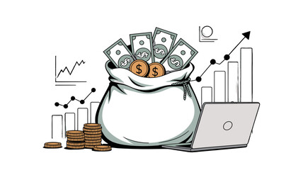 A digital illustration of a money bag surrounded by financial graphs and charts.