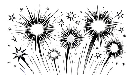 Festive black and white fireworks exploding with radiant bursts.