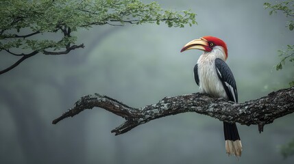 Obraz premium Majestic Hornbill Perched on Tree Branch in Misty Forest Setting Surrounded by Lush Green Foliage