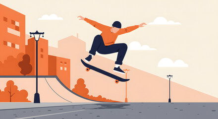 Naklejka premium Dynamic urban illustration of a skateboarder executing an aerial trick against a backdrop of stylized city buildings and streetlights, capturing the essence of extreme sports and youthful energy