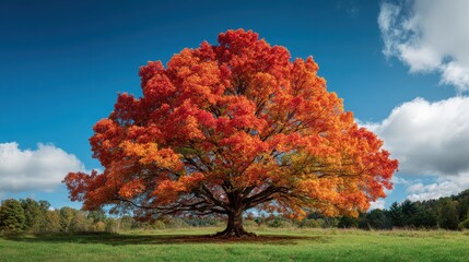 Majestic Autumn Maple Tree Ablaze with Fiery Orange and Red Foliage Under a Vibrant Blue Sky.