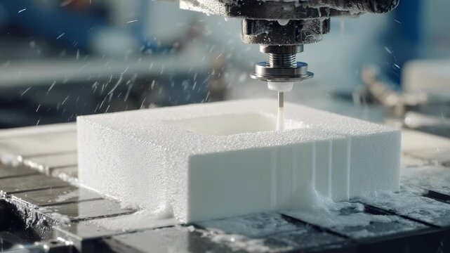 Medium shot of polyurethane foam being injected into a packaging mold showing the expansion process that secures fragile items during shipping.