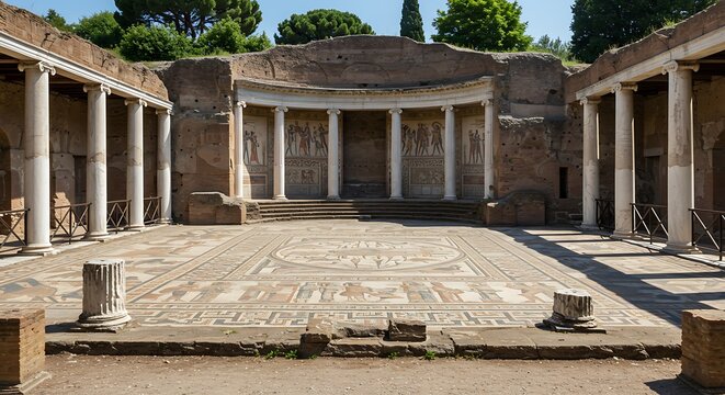 Ancient ruins architecture with columns and mosaic floor daylight view