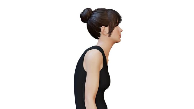 Animated illustration of a woman's spine transformation, showing the curvature of the upper spine, resulting in a straighter posture after training and therapy. A concept of healthy care and lifestyle