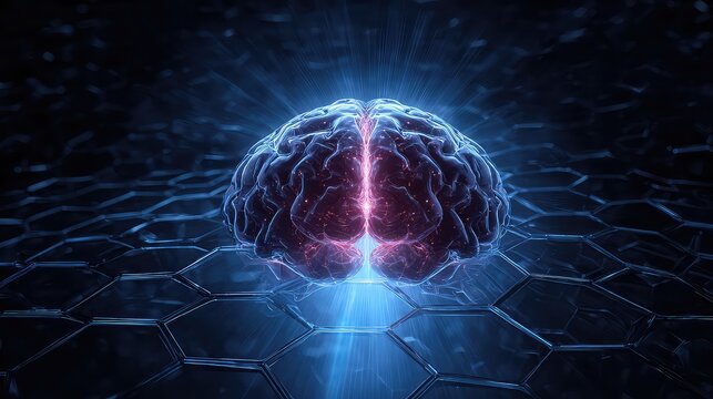 Futuristic Concept of Artificial Intelligence and Neural Networks Represented by a Glowing Brain on Geometric Hexagon Background - Powered by Adobe