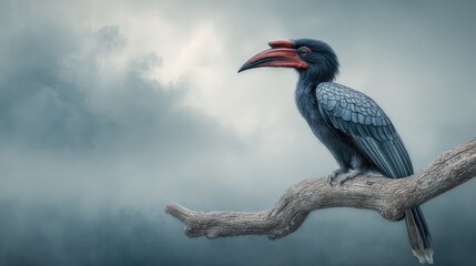 Obraz premium Majestic Bird Perched on a Branch Against a Brooding Cloudy Sky, Symbolizing Nature's Beauty and Serenity