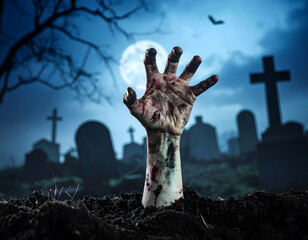 A zombie hand reaches up from a grave under a bright full moon in a misty, dark graveyard filled with tombstones, crosses, and twisted bare trees, creating a Halloween horror and monster atmosphere.