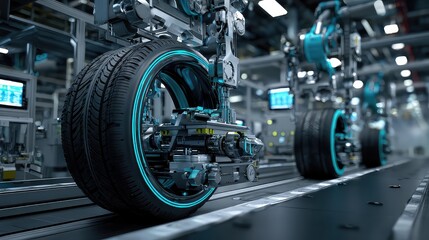 Fototapeta premium Advanced Robotic Manufacturing Process Featuring Innovative Tire Production in a Modern Factory Setting
