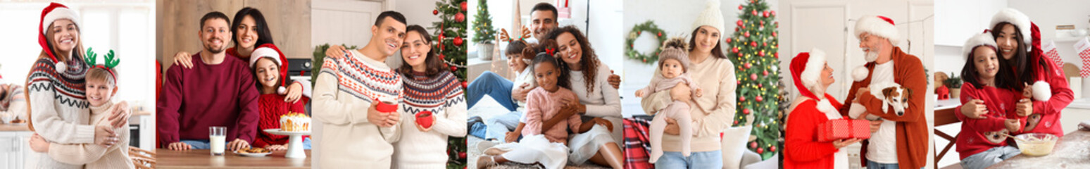 Fototapeta premium Set of happy families at home on Christmas eve