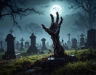 A zombie hand reaches up from a grave under a bright full moon in a misty, dark graveyard filled with tombstones, crosses, and twisted bare trees, creating a Halloween horror and monster atmosphere.