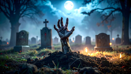 A zombie hand reaches up from a grave under a bright full moon in a misty, dark graveyard filled with tombstones, crosses, and twisted bare trees, creating a Halloween horror and monster atmosphere.