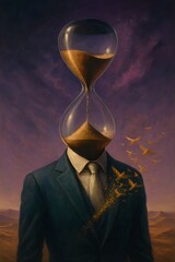 Surreal depiction of a man with an hourglass head, symbolizing the passage of time and mortality.
