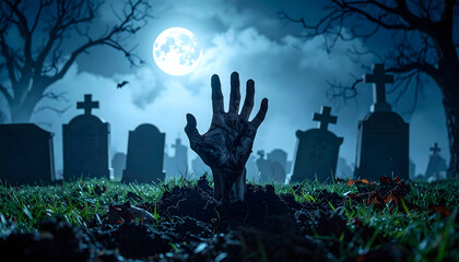 A zombie hand reaches up from a grave under a bright full moon in a misty, dark graveyard filled with tombstones, crosses, and twisted bare trees, creating a Halloween horror and monster atmosphere.