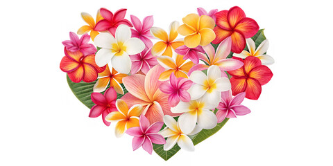 Floral Affection: A vibrant heart composed of vivid plumeria blossoms and a leaf, painted to convey affection. 