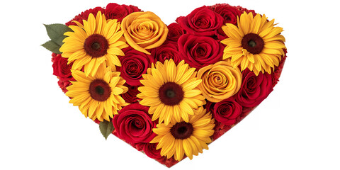 Floral Heart of Sunshine and Roses: A vibrant heart arrangement, crafted from a blend of red roses and sunny sunflowers, radiates with affection and warmth, symbolizing love and adoration.
