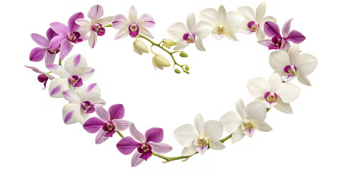 Orchid Heart: A beautifully arranged heart shape composed of vibrant purple and white orchids, exuding elegance and symbolizing love and affection.