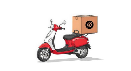 Fototapeta premium Red scooter with a delivery box on the back, cartoon style.