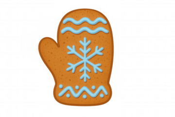 Gingerbread mitten cookie with blue icing and snowflake design, decorating winter holidays, transparent background