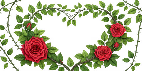 Red Roses Heart of Bloom: A heart-shaped wreath of vibrant red roses, interspersed with verdant green leaves and thorns, offers a striking visual representation of love.
