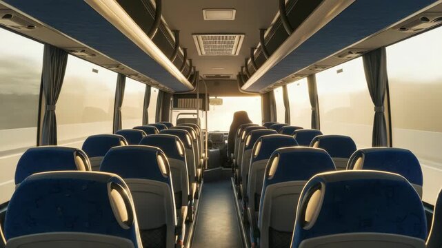 Interior view of an empty bus with rows of blue and gray seats extending down central aisle towards the drivers cabin Golden light streams through numerous windows highlighting dust motes