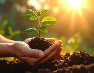 Hands Gently Cup a Sprout with Soil Under Sunlight, Promoting Growth Concept
