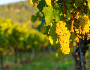 Close-up of bunches of yellow grapes on vine