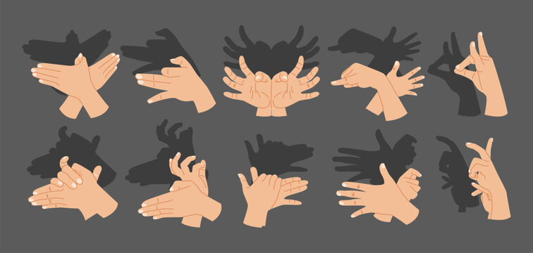 Set of hand shadow theater set collection. Animal shadow hands puppet concept. Puppet playing games with light shade imagination puppet shadow. Flat vector illustration