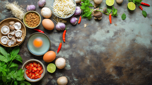 spice. Assorted fresh Asian ingredients on rustic stone, vibrant colors and natural styling in overhead view. menu design.