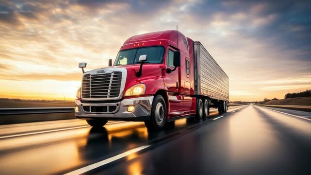 red semi-truck with an enclosed trailer drives dynamically on wet highway The dawn/dusk sky displays orange yellow and blue clouds reflecting vividly on the road surface Headlights shine