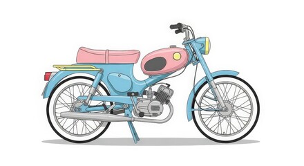 Illustration of a light blue and pink vintage moped on a white background.