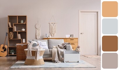 Interior of living room with modern electric heaters. Different color patterns