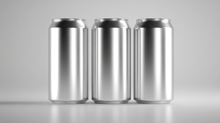 Sleek Trio of Unlabeled Aluminum Cans in Symmetrical Array for Product Mockup.