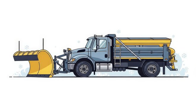 A vector illustration of a blue and yellow snowplow truck with a salt spreader, viewed from the side on a white background.