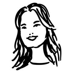 Head of a smiling pretty girl with loose blond hair. Funny female portrait. Hand drawn linear doodle rough sketch. Black and white silhouette.