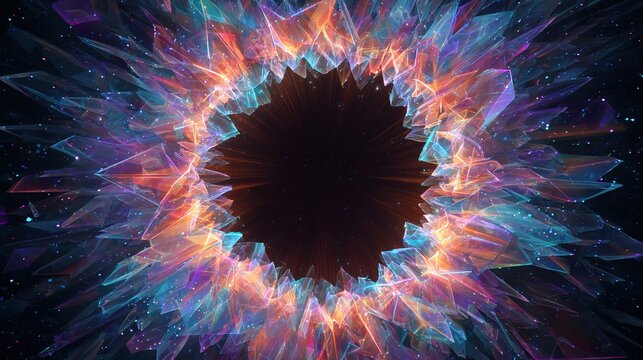 A dark centered hole radiates light through sharp, crystalline shards of color in an abstract, celestial display