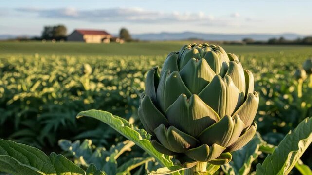green artichoke stands prominently in sun-kissed field with rows of plants extending to distant farm building under soft blue sky Golden light illuminates the scene