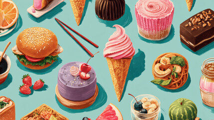 Colorful Assorted Foods and Desserts on Blue Background