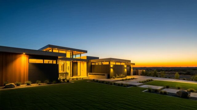 sleek modern home with wood dark panels and glowing interiors at twilight Lush green lawn concrete paths and minimalist landscaping complement the vibrant sunset sky