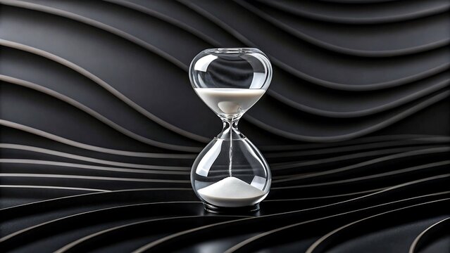 Transparent hourglass on abstract black wave background