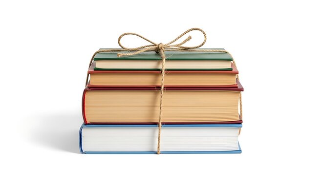 A stack of five hardcover books tied together with a rustic twine bow, presented against a clean white background. - Powered by Adobe