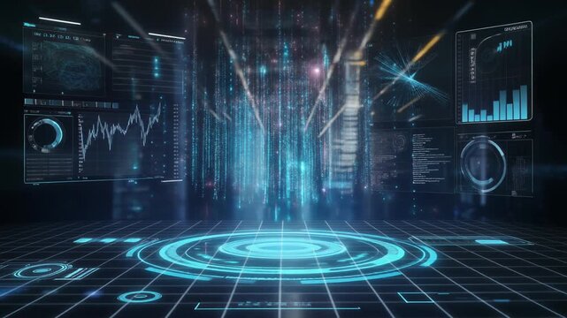 Futuristic technology interface with digital data streams and visualizations. - Powered by Adobe